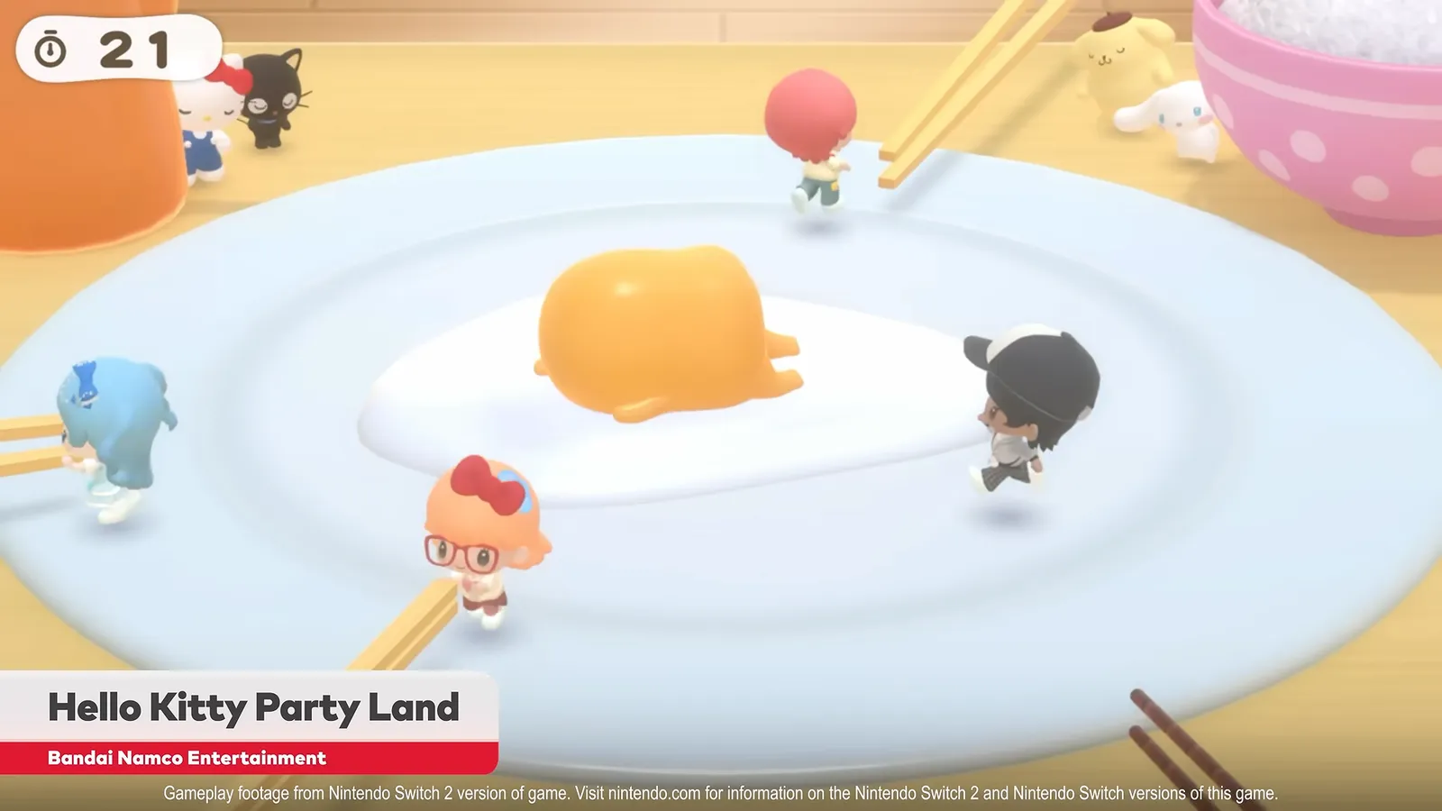 Hello Kitty Party Land minigame with Gudetama lying on a fried egg on a large white plate, small characters standing on the plate and a pair of chopsticks beside it, with a 21 countdown