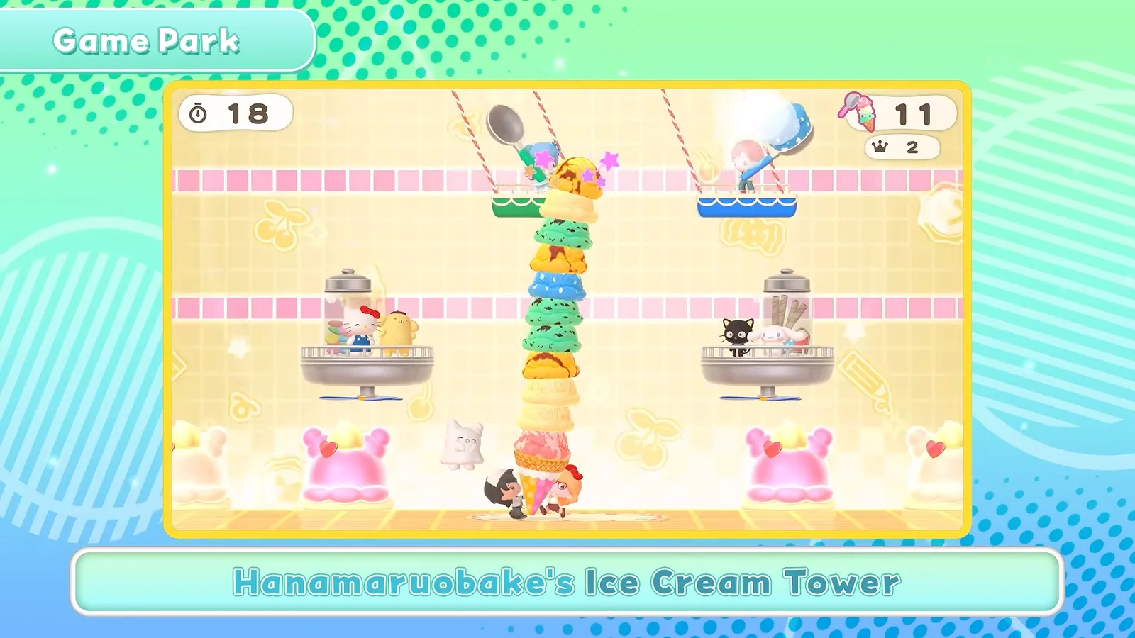 Hanamaruobake’s Ice Cream Tower minigame in Hello Kitty Party Land with two players stacking ice cream scoops in tall columns and scores of 18 and 11 at the top