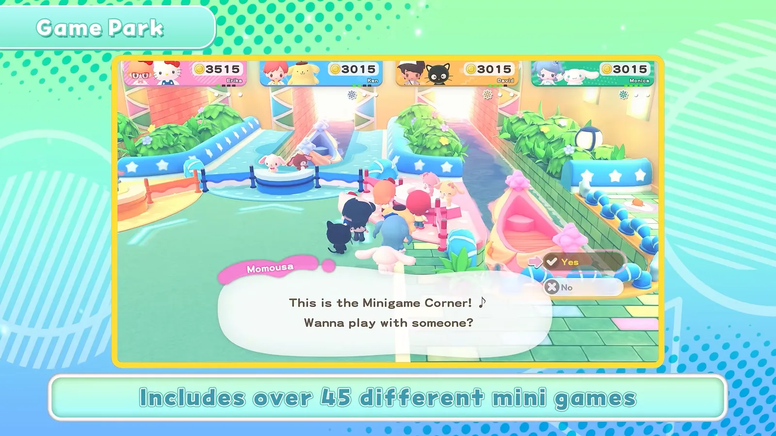 Hello Kitty Party Land Game Park Minigame Corner dialogue asking if you want to play with everyone, with the on-screen note that the game includes over 45 different minigames
