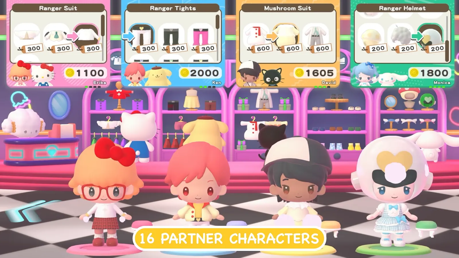 Hello Kitty Party Land boutique with four avatar players standing on colored pads in front of clothing shelves, captioned 16 partner characters, partner icons Hello Kitty, Pompompurin, Chococat and Cinnamoroll in the top cards