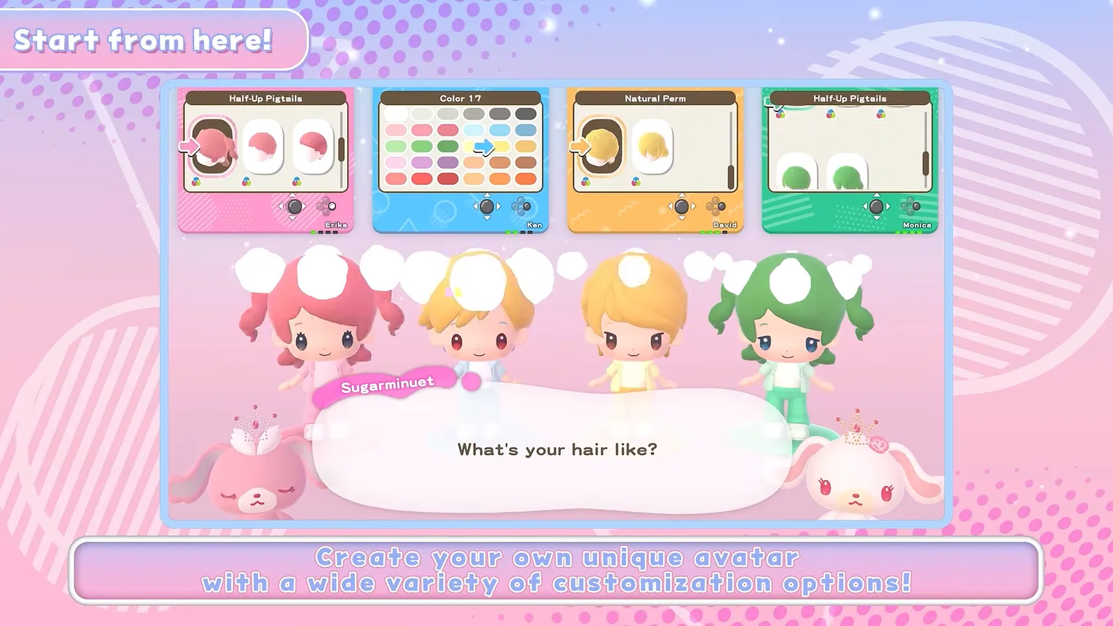 Hello Kitty Party Land avatar creation screen asking what’s your hair like, with hairstyle options at the top and four avatar previews with different hair colors