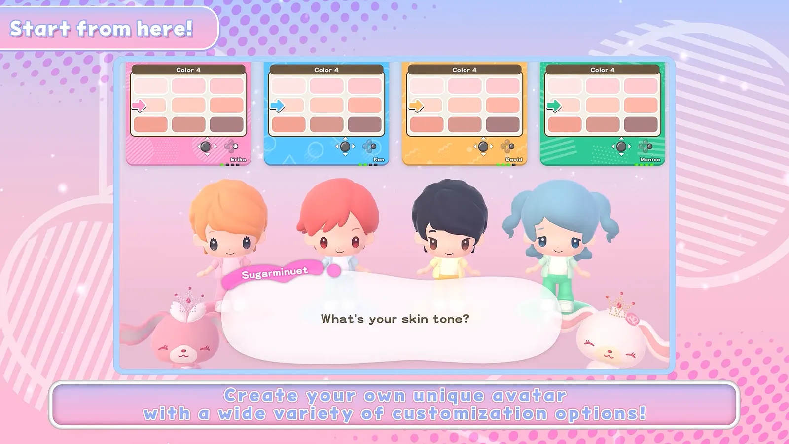Hello Kitty Party Land avatar creation screen asking what’s your skin tone, with a row of skin tone swatches above four avatar previews