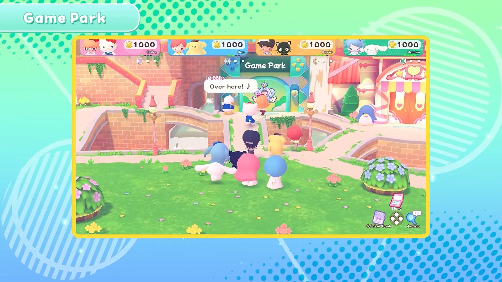 Hello Kitty Party Land Game Park entrance with four player cards at the top, Pekkle saying over here, and on-screen button prompts for Menu, Sticker Book and Action at the bottom right
