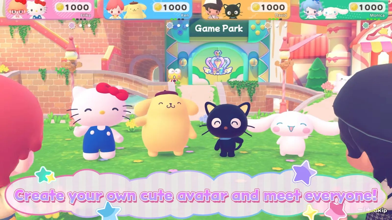Hello Kitty, Pompompurin, Chococat and Cinnamoroll greeting the player in Party Land with the caption create your own cute avatar and more