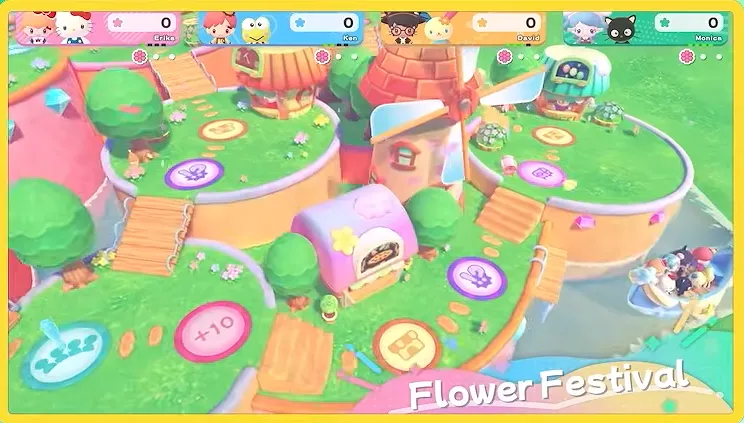 Flower Festival board preview from the Hello Kitty Party Land tour montage showing a pastel meadow board with round spaces, a pink house, a wooden stair and a plus ten space