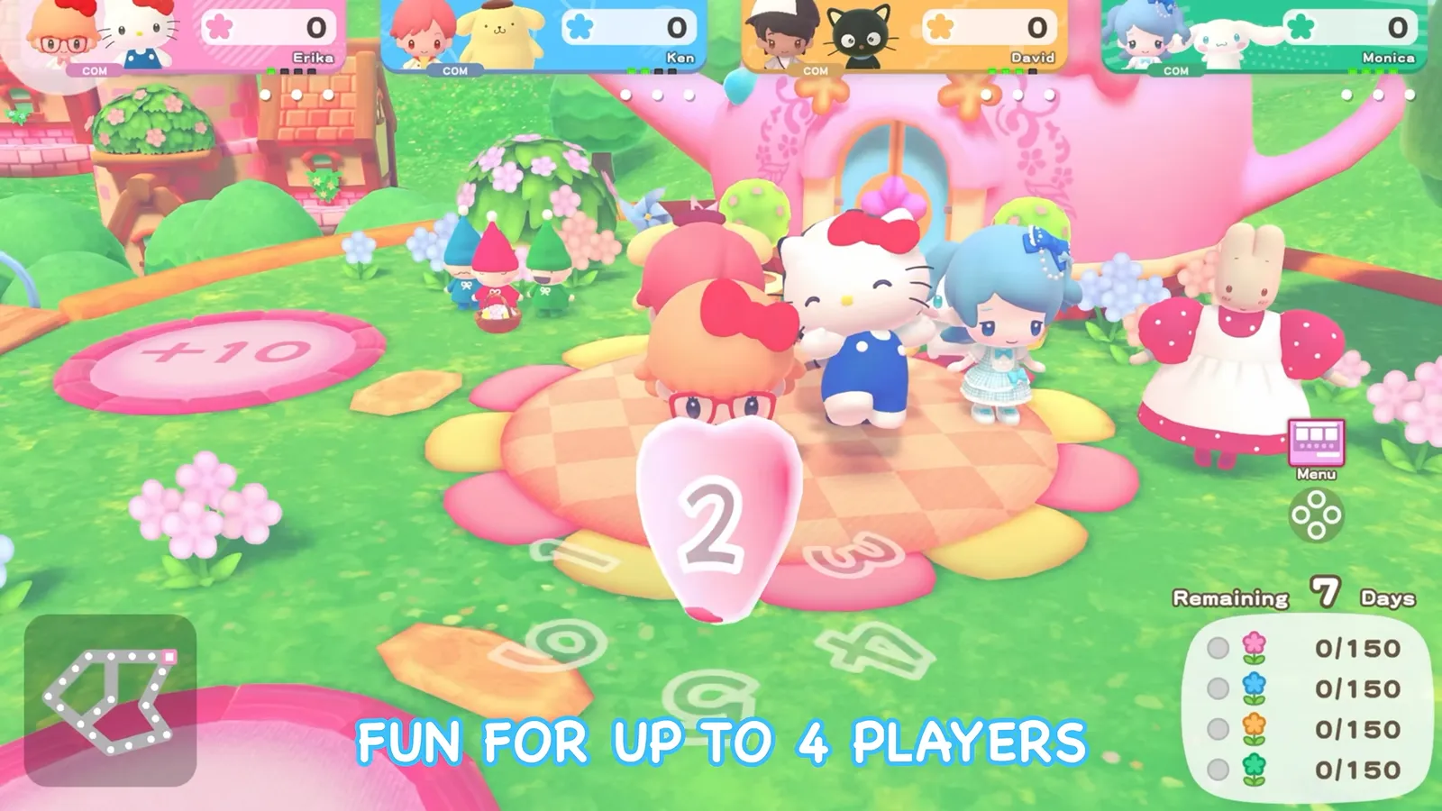 Roulette result of 2 above a pink flower-shaped pad in Hello Kitty Party Land while four players stand nearby and the fun for up to 4 players caption shows