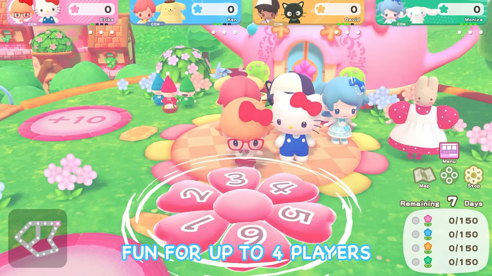 Four players gathered around a flower-shaped pad on a Hello Kitty Party Land board with the caption fun for up to 4 players and counters reading 0 out of 150