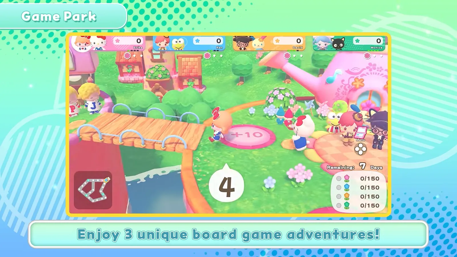 Hello Kitty Party Land board game screen with a roulette result of 4, round spaces on a grassy map and per-player counters at the right edge