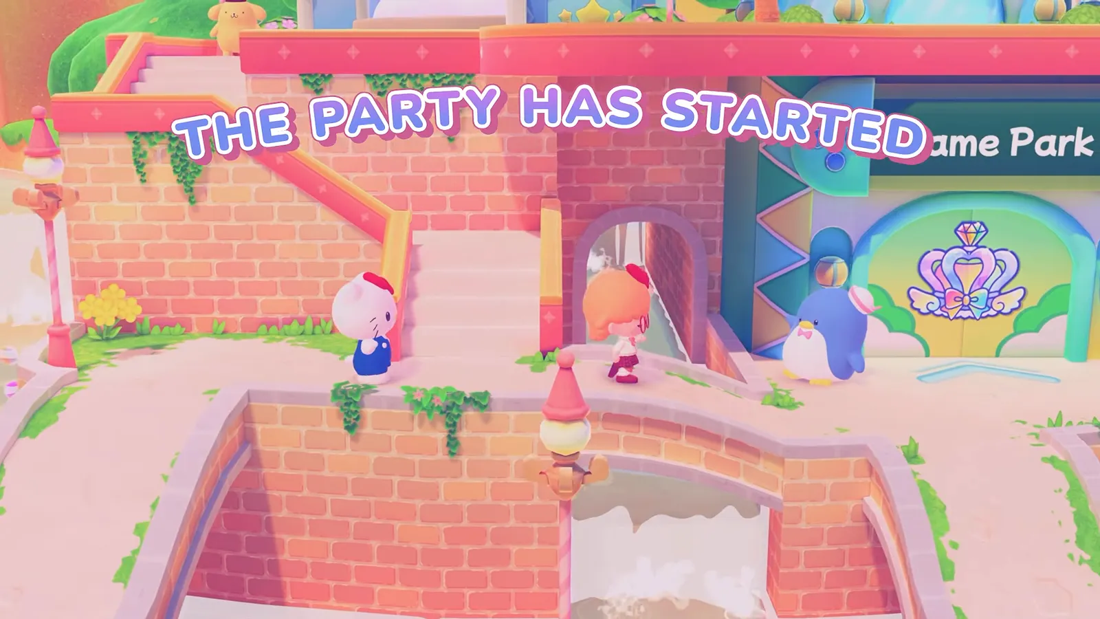 The party has started caption over a pink checkered town board in Hello Kitty Party Land with Hello Kitty near a bridge and a Game Park sign