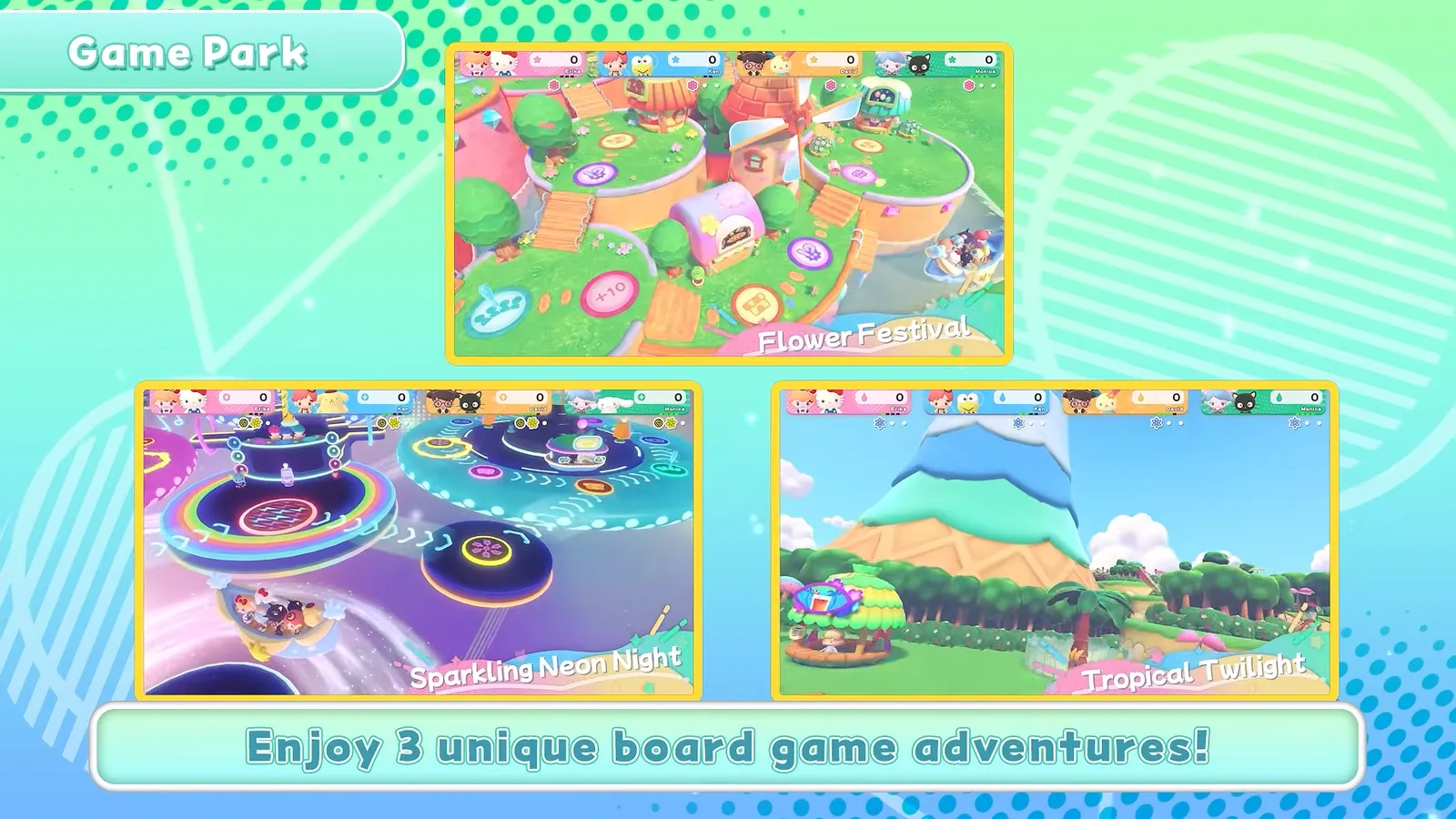 Game Park montage captioned enjoy 3 unique board game adventures, showing the Flower Festival, Sparkling Neon Night and Tropical Twilight board previews