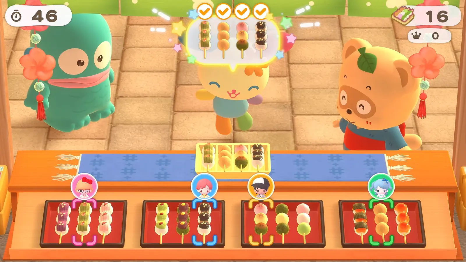 Hello Kitty Party Land minigame at a kitchen counter with skewers of food, two Sanrio characters at the top and scores of 46 and 16