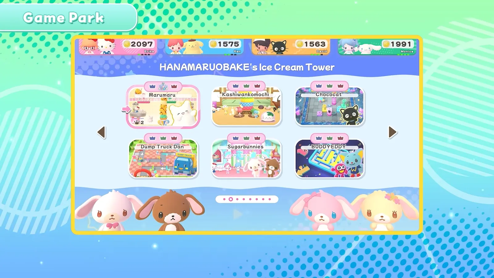Hello Kitty Party Land minigame picker grid with named minigame tiles and Sanrio character portraits under the Game Park header