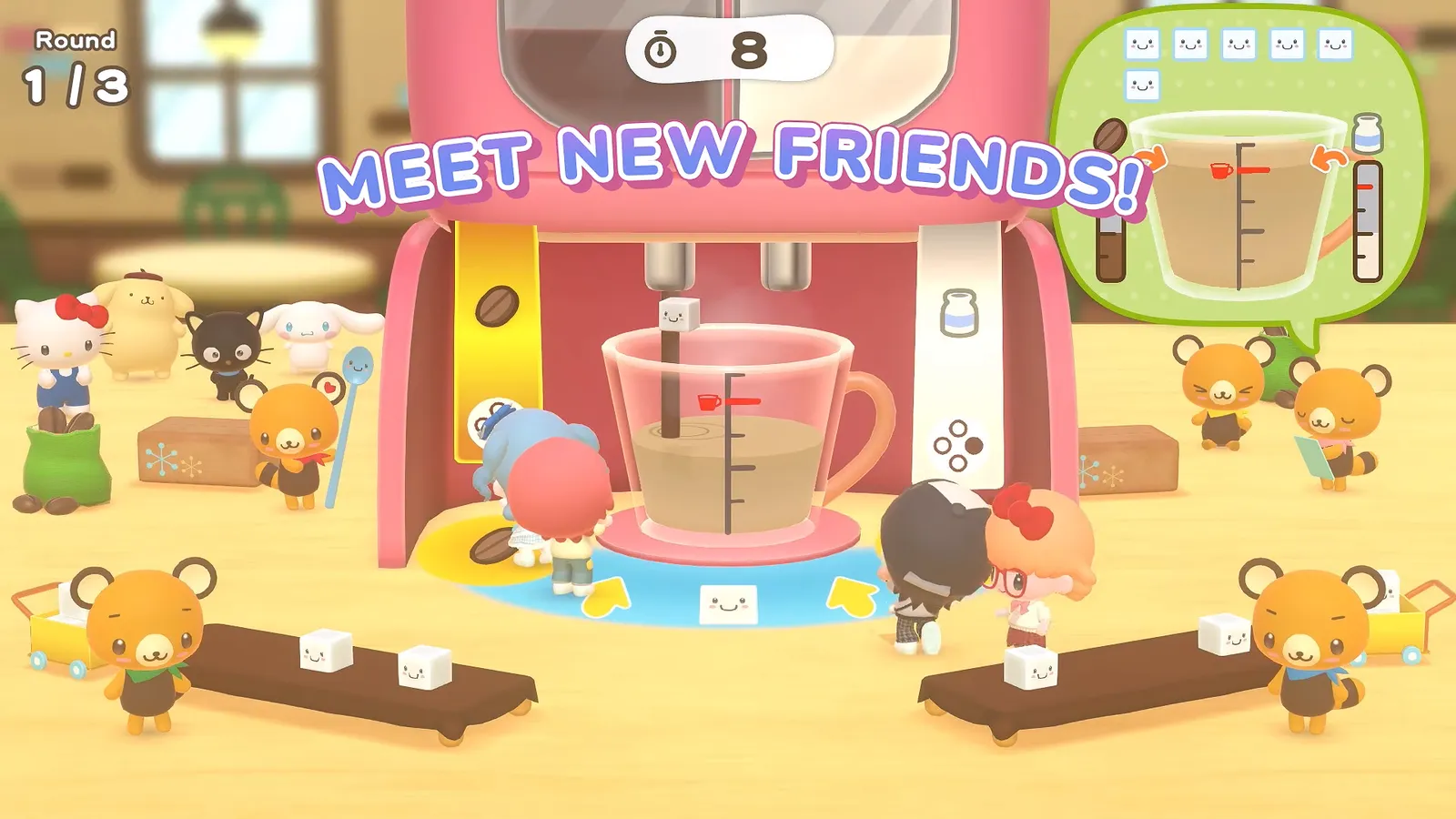 Meet new friends caption over a cafe-like Hello Kitty Party Land scene with a large teacup and small brown bear characters around a counter
