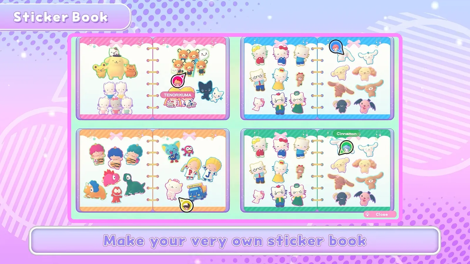 Hello Kitty Party Land sticker book pages with four panels of collected Sanrio character stickers, captioned make your very own sticker book