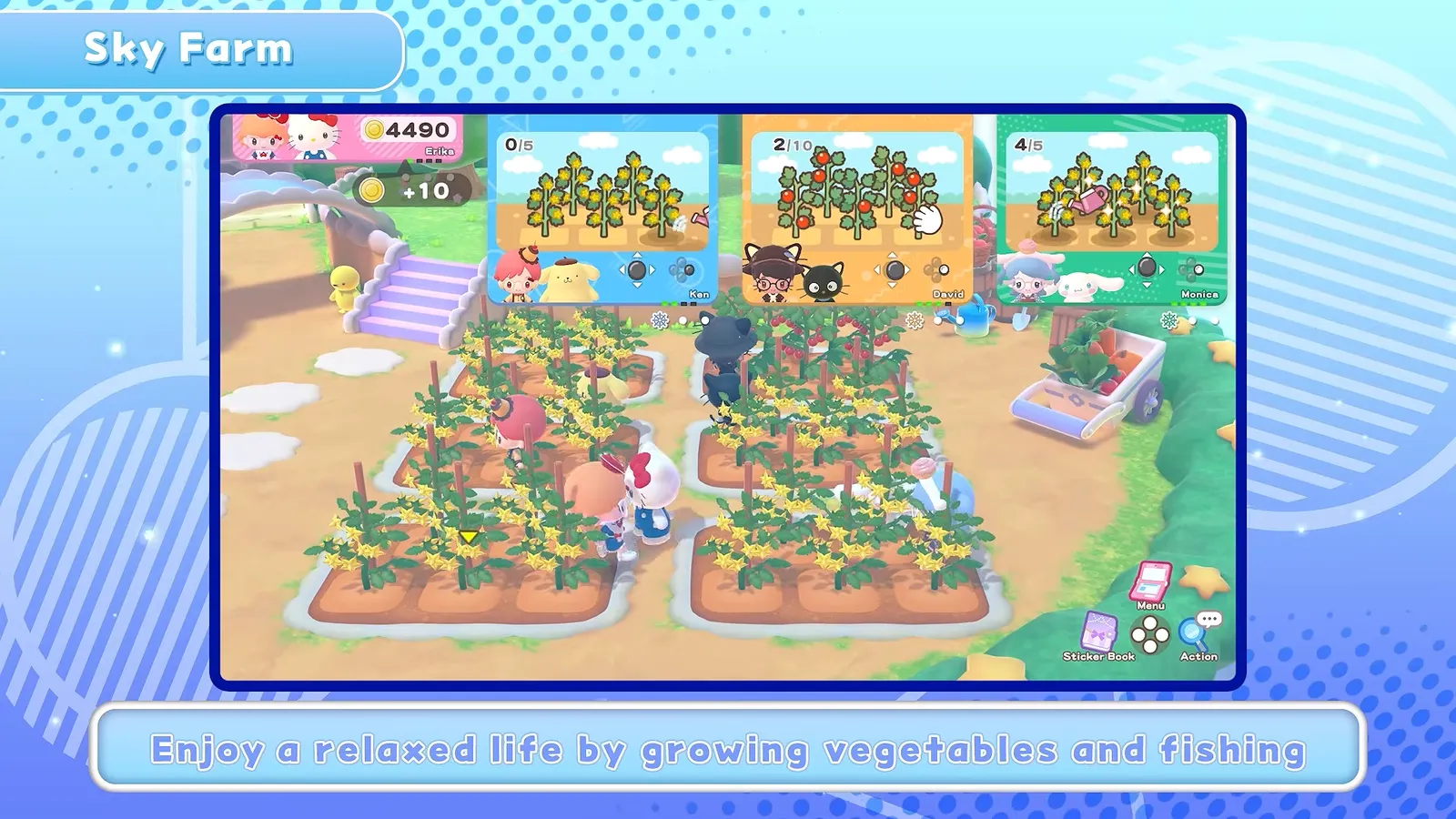 Hello Kitty Party Land Sky Farm garden plots with growing vegetables, captioned enjoy a relaxed life by growing vegetables and fishing