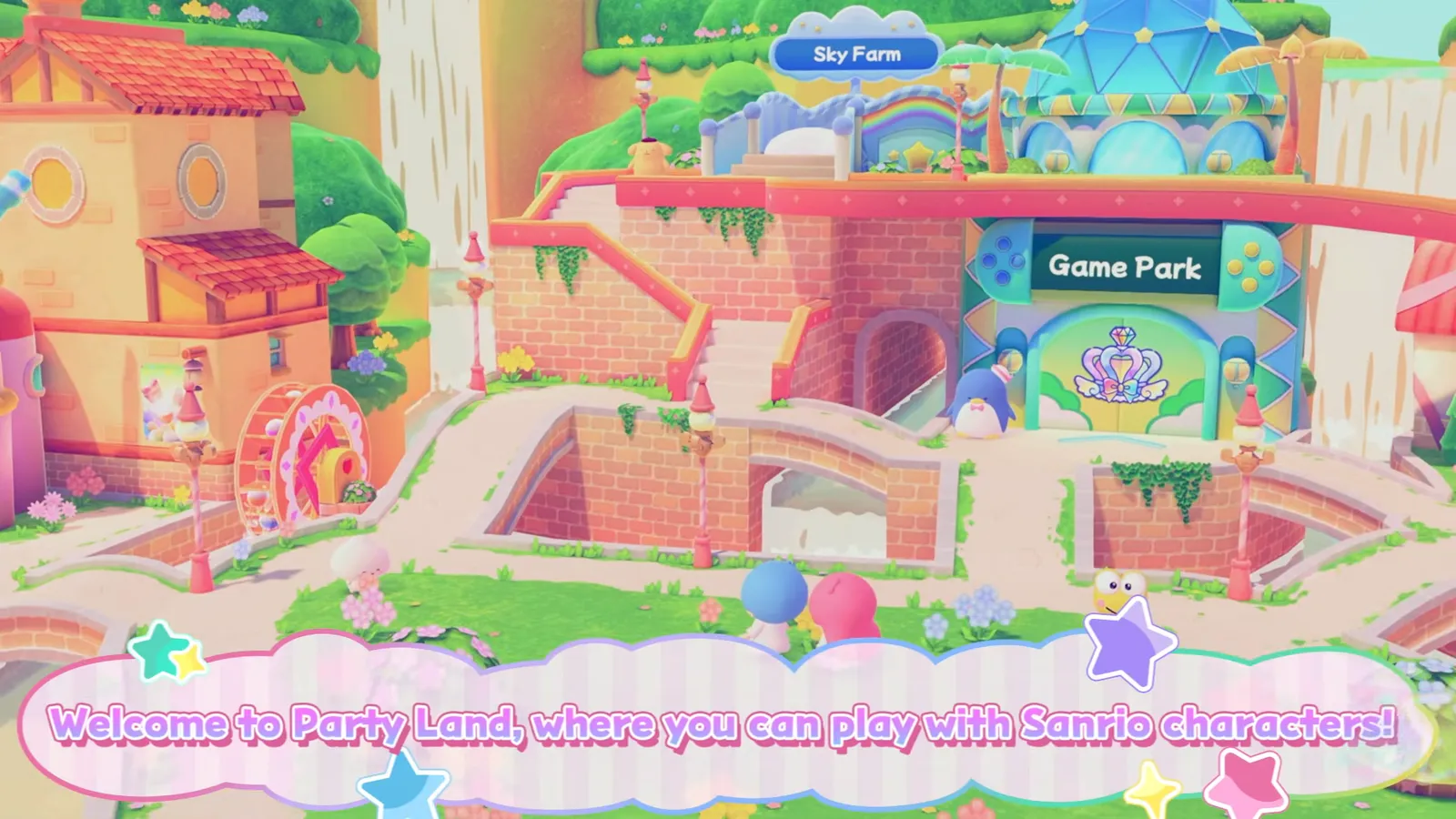 Welcome to Party Land plaza in Hello Kitty Party Land with colorful buildings, a Game Park sign, stairs and a pink slide