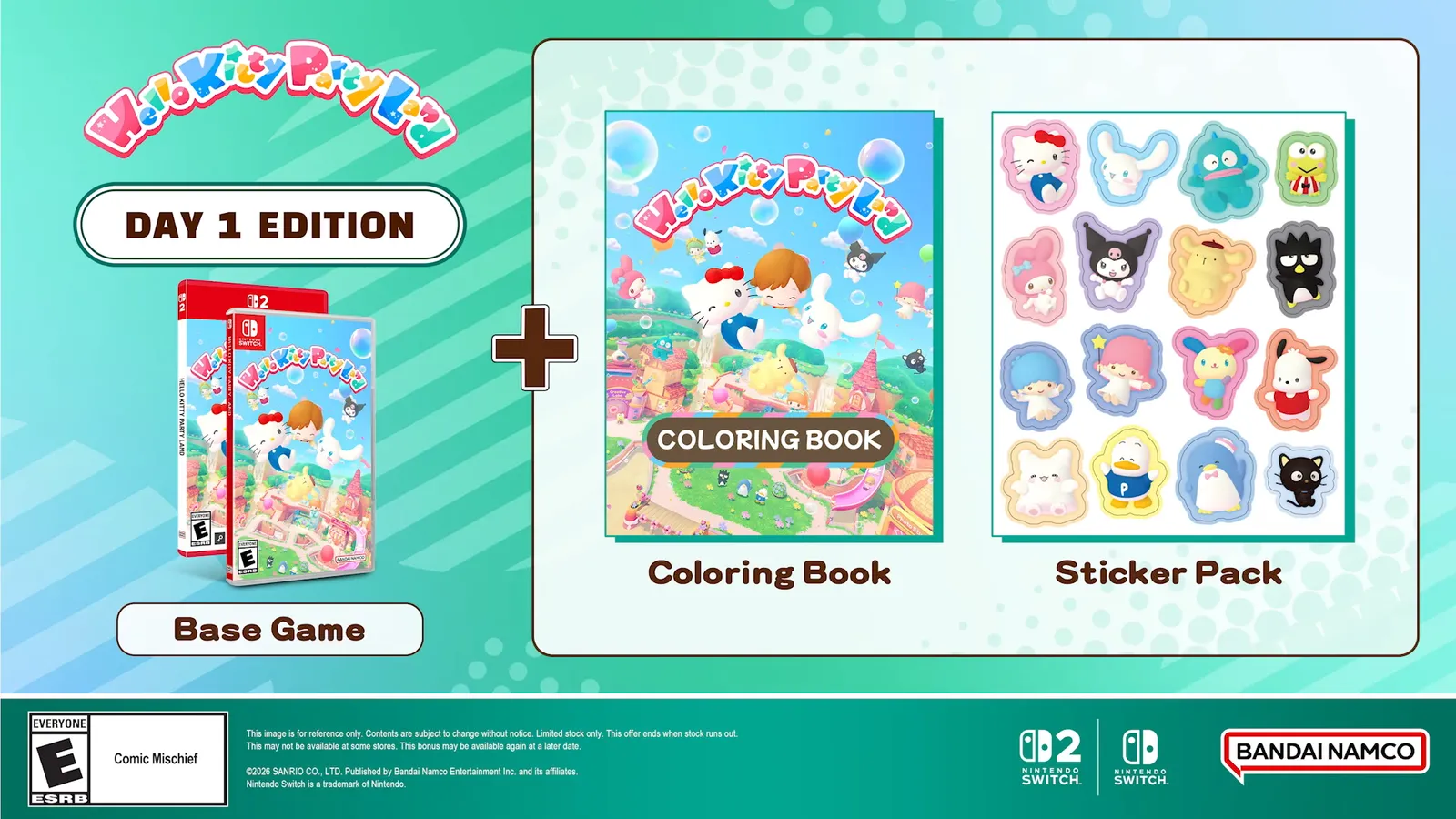 Hello Kitty Party Land Day 1 Edition card listing the base game plus a coloring book and a sticker pack