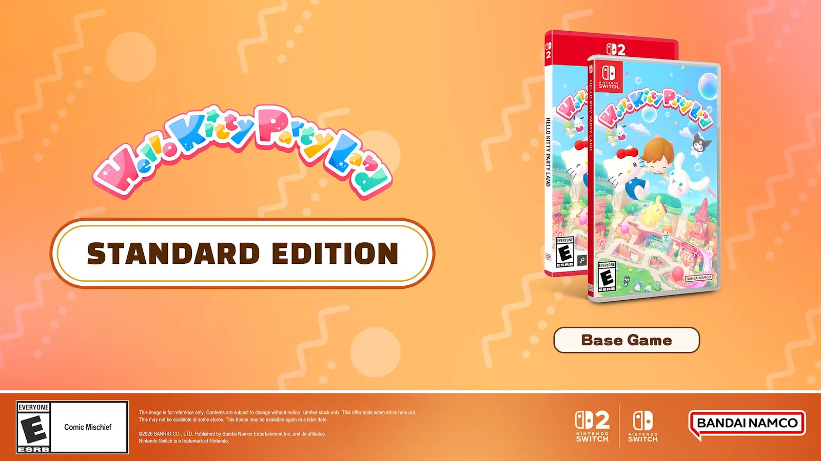 Hello Kitty Party Land Standard Edition card showing the base game box for Nintendo Switch 2 and Nintendo Switch