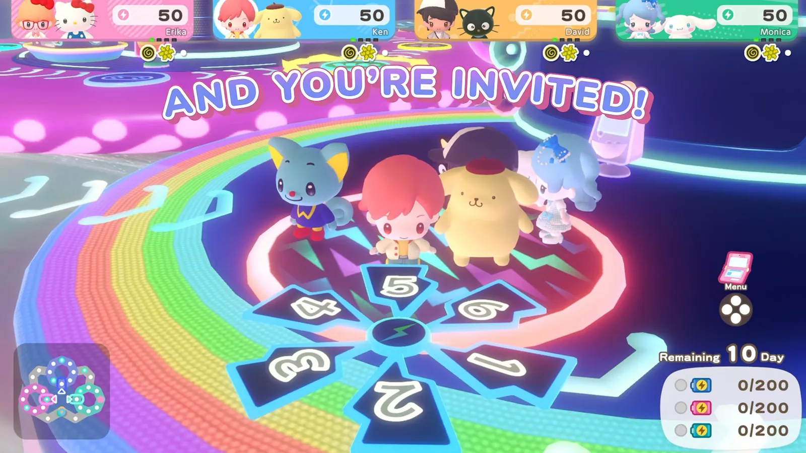 And you’re invited caption over the neon rainbow board in Hello Kitty Party Land with counters reading 0 out of 200 and 10 days remaining