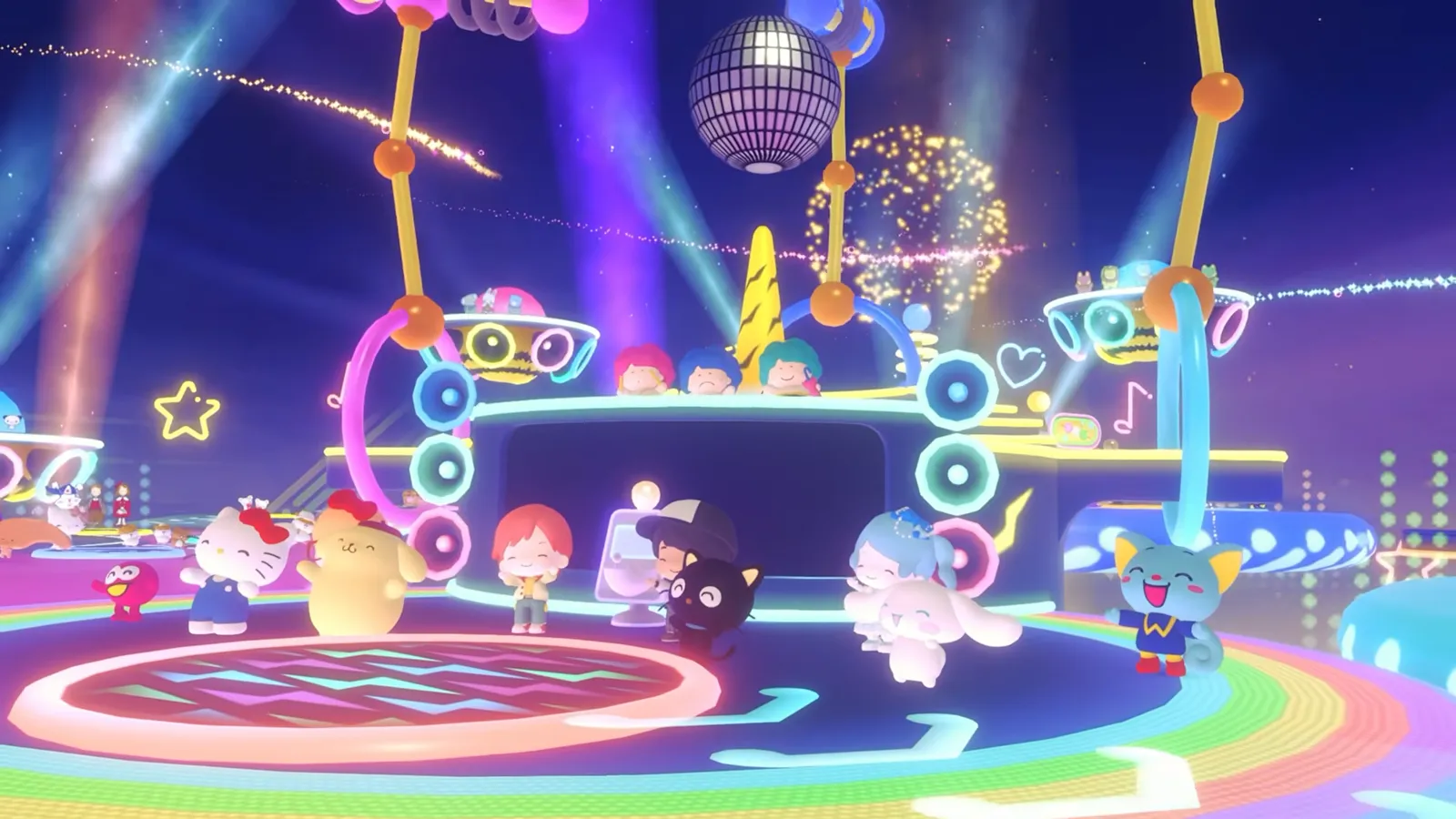 Neon stage with a spinning disco ball, light rigs and Sanrio characters dancing on a rainbow floor in Hello Kitty Party Land