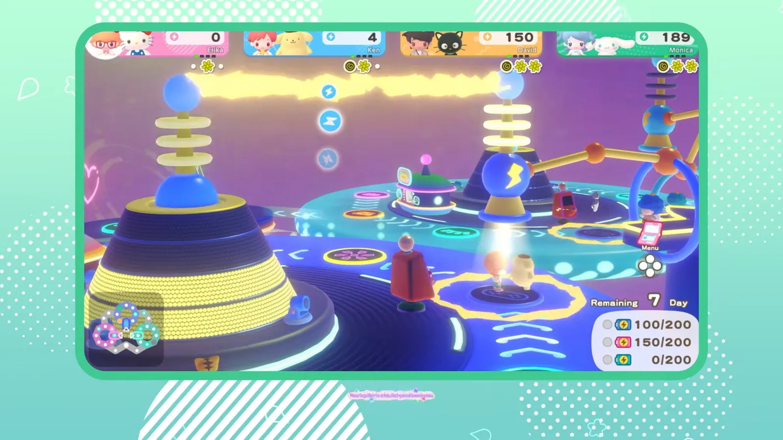Hello Kitty Party Land night board with a glowing blue and yellow tower structure and a racing path with counters at the right