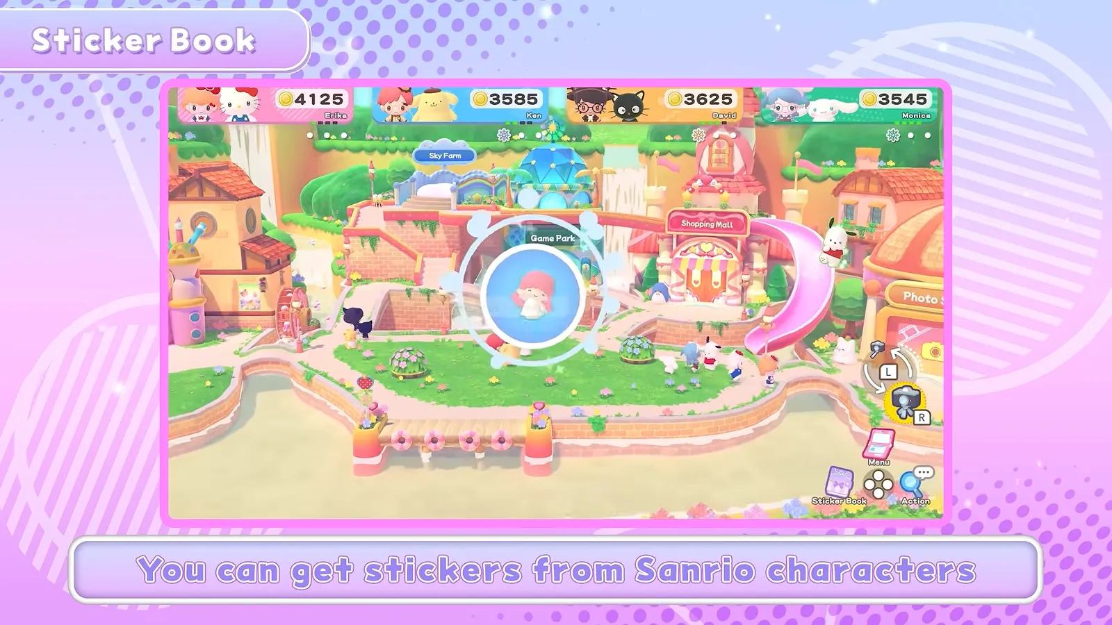 Hello Kitty Party Land town street scene captioned you can get stickers from Sanrio characters, with characters talking to players