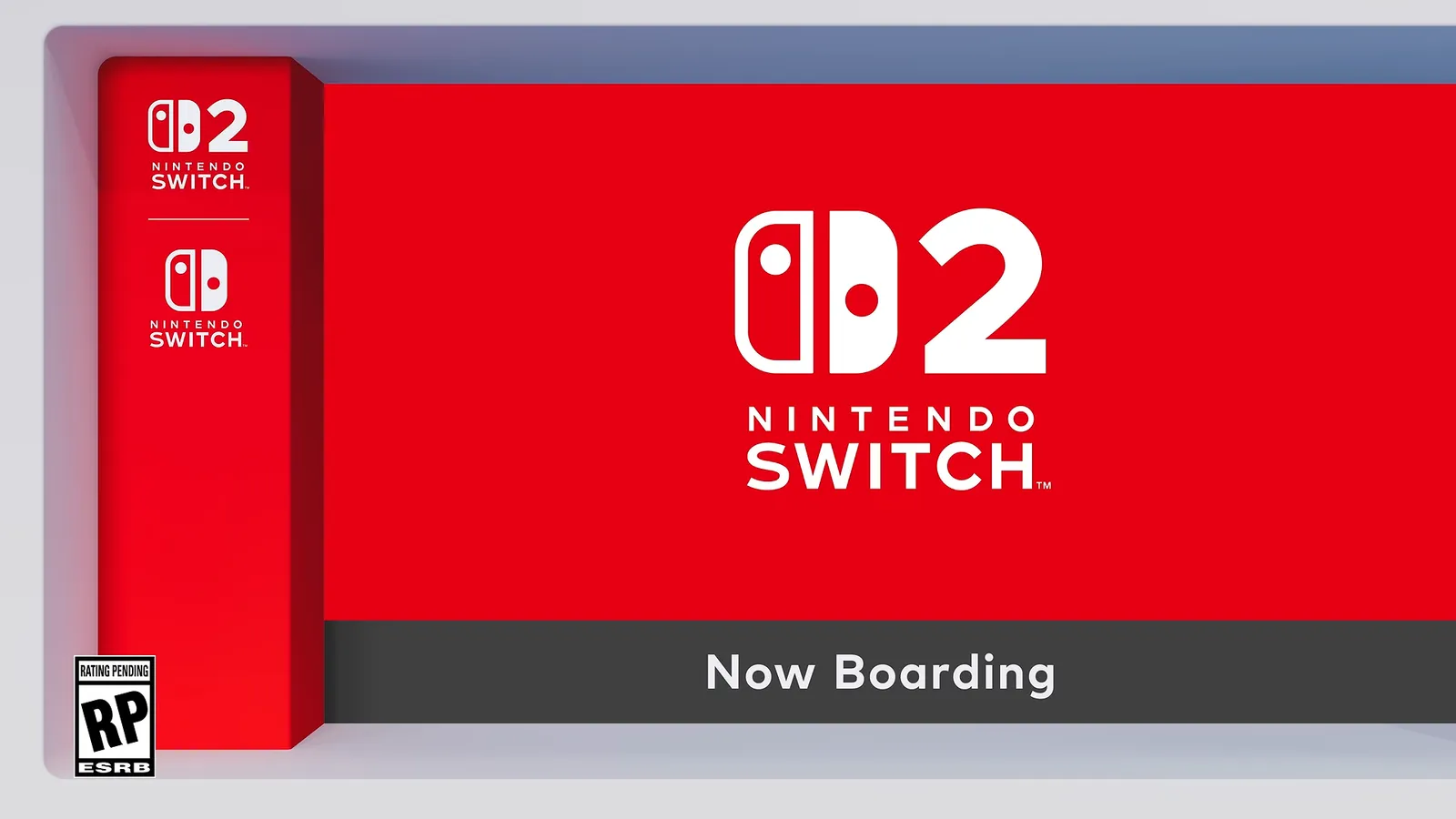 Nintendo Switch 2 now boarding card on a red background with a stacked Switch 2 and Switch logo