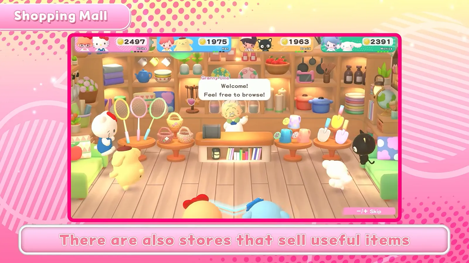 Hello Kitty Party Land shop interior with shelves of tools and goods, captioned there are also stores that sell useful items